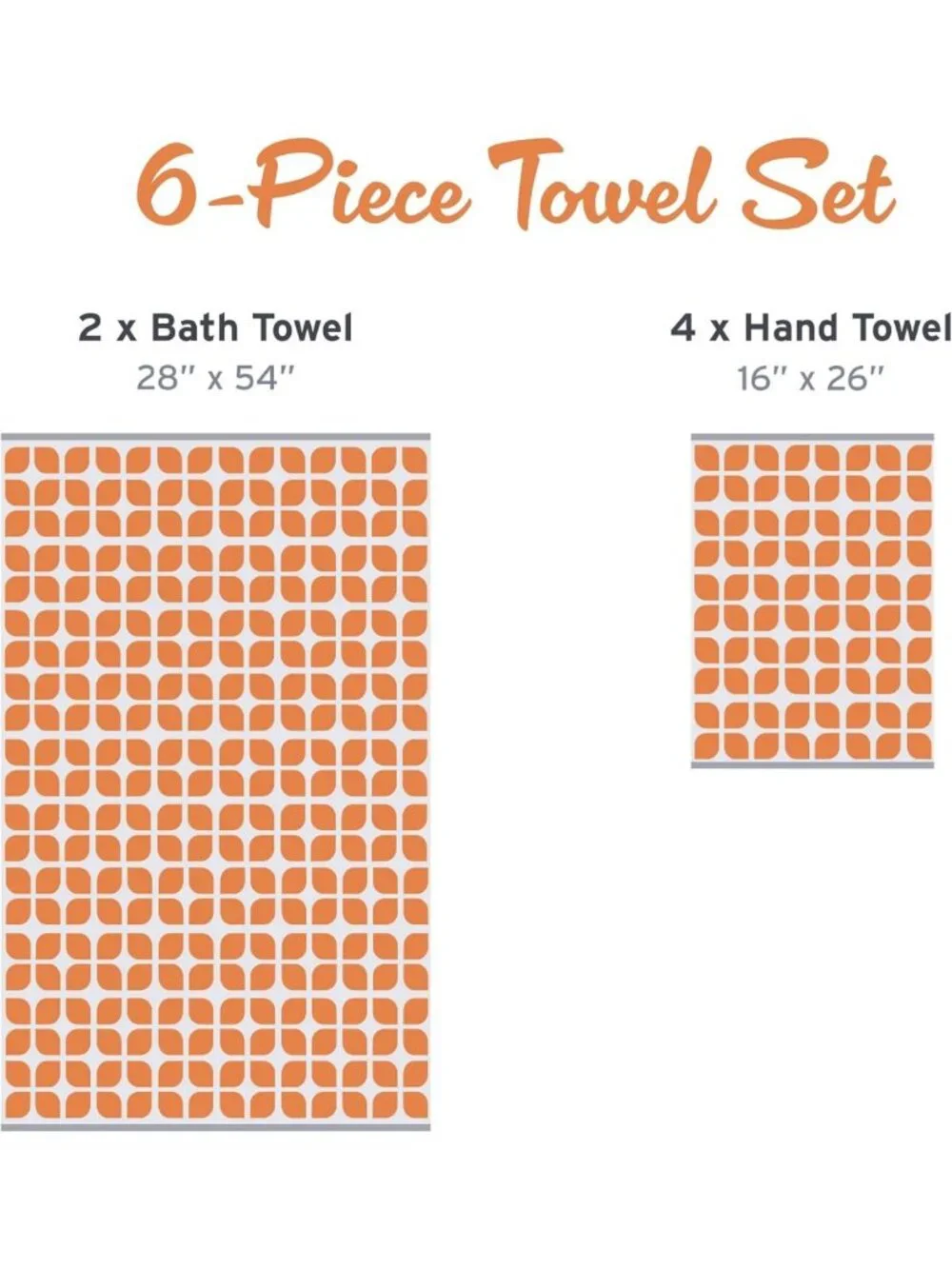 Cozy Cotton Bath Towel Set, 6-Piece Jacquard Design, Vibrant Orange Color